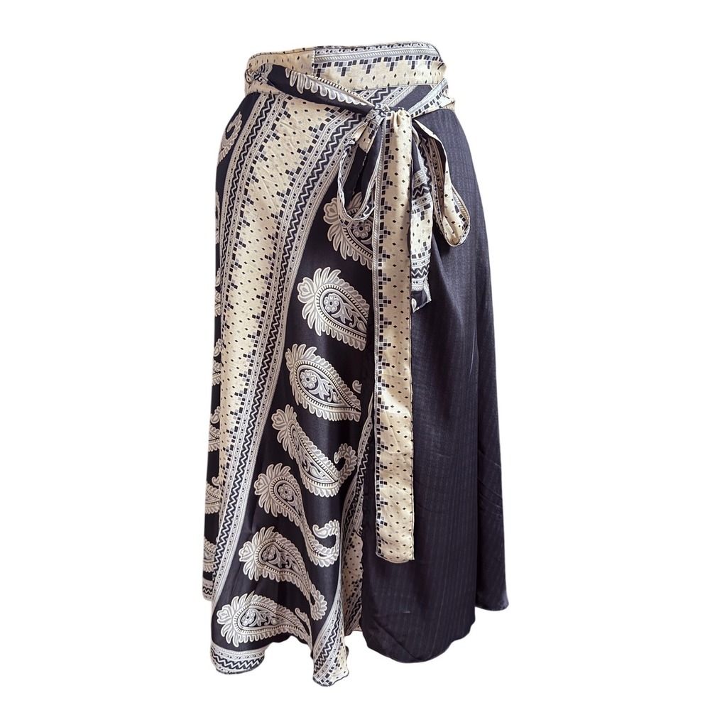 Women’s Black and Cream Paisley Midi Wrap Skirt
